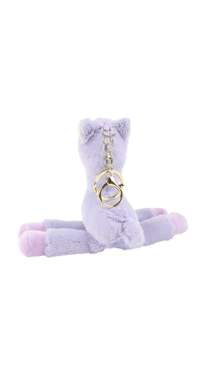 Cute llama plush keychain in lavender with gold clasp ring on hanging loop.