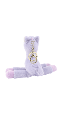 Cute llama plush keychain in lavender with gold clasp ring on hanging loop.
