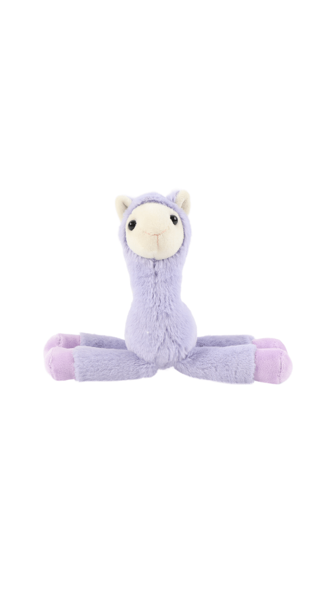 Cute llama plush keychain in lavender, sitting with legs stretched and stitched face.