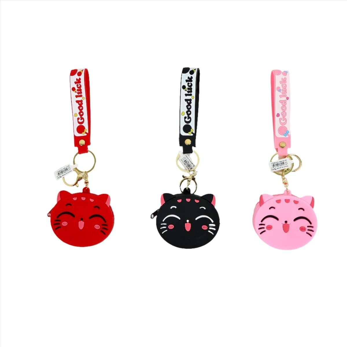 Cat coin purse keychain trio in red, black, and pink with lanyards
