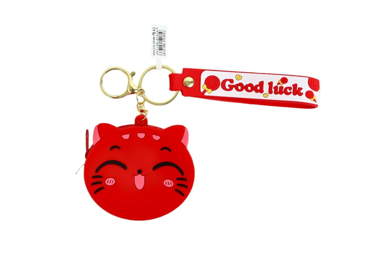 Red cat coin purse keychain with clasp and dangling strap