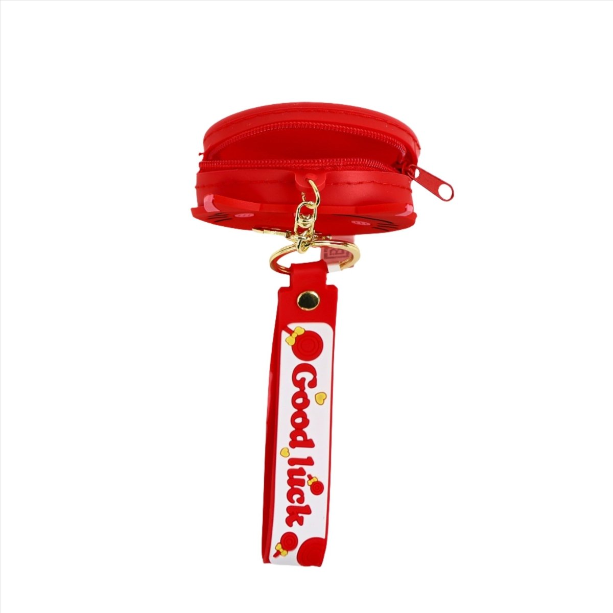 Red cat coin purse with zip, key ring, and printed lanyard