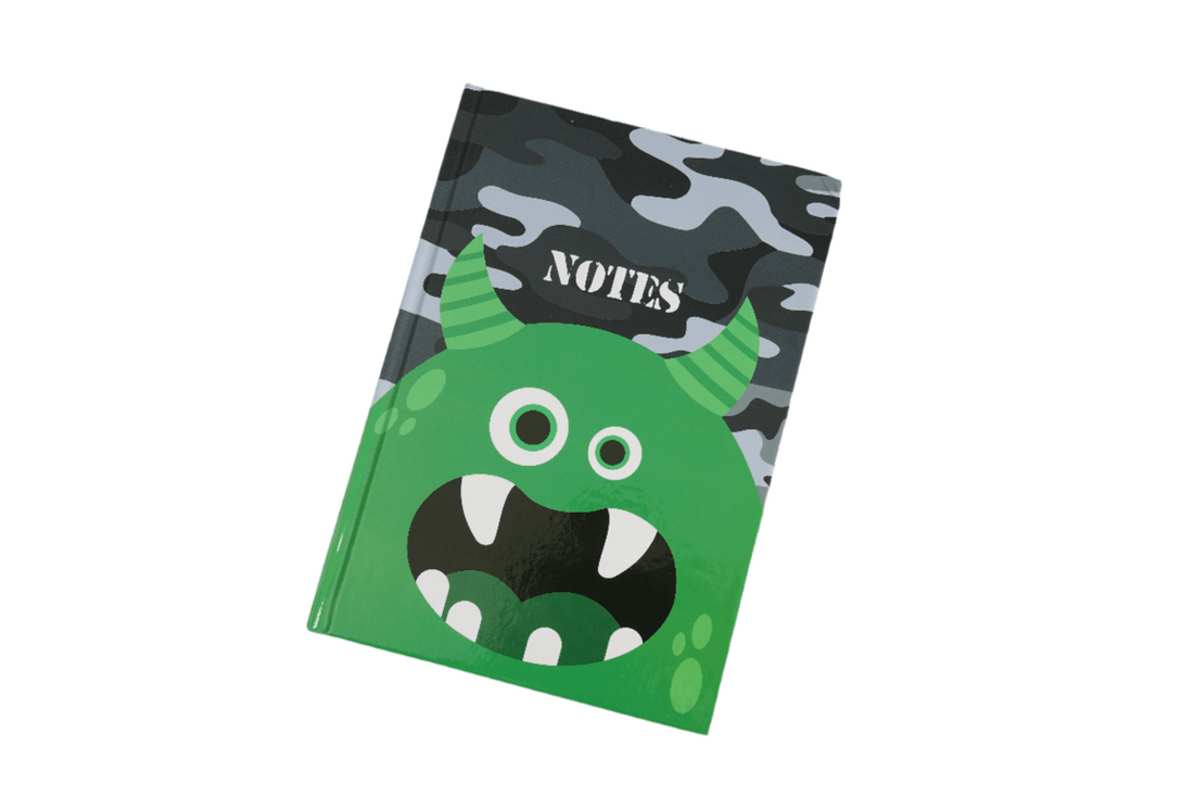 Green monster notebook with camo cover and NOTES label