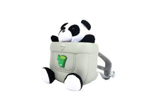 Kids panda backpack side view with adjustable straps and green logo front pocket
