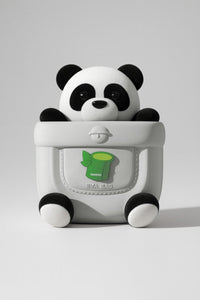 Kids panda backpack, white with green front logo and plush ears