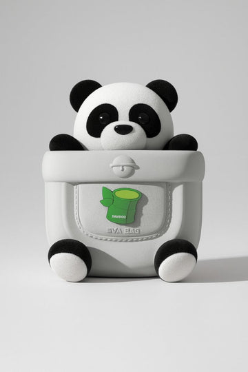 Kids panda backpack, white with green front logo and plush ears