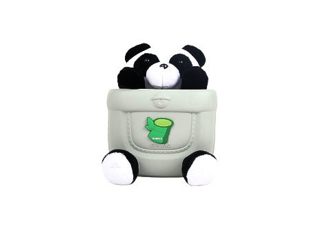 Kids panda backpack with standing panda head and green logo on front pocket