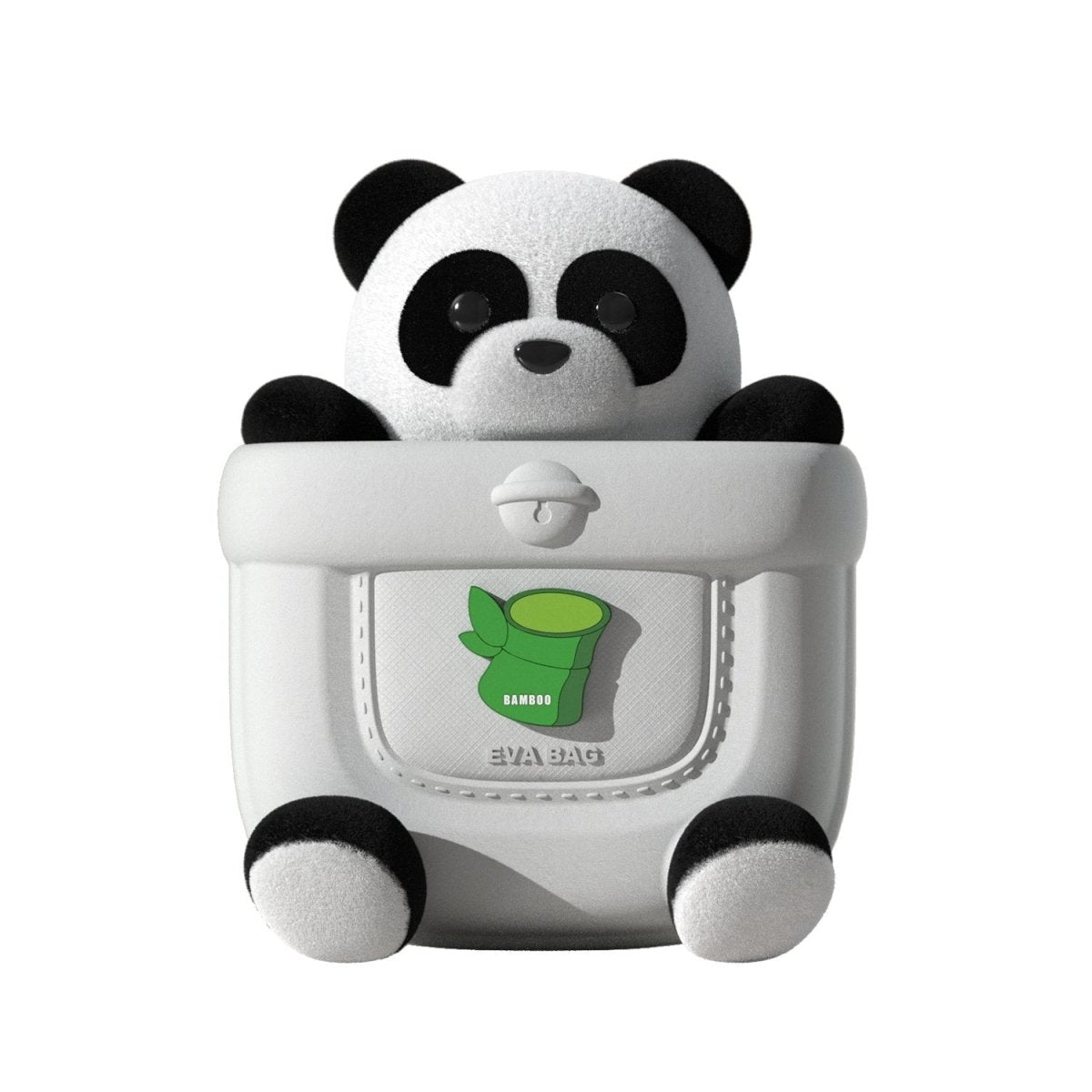 Kids panda backpack front view with black-and-white face and green logo pocket