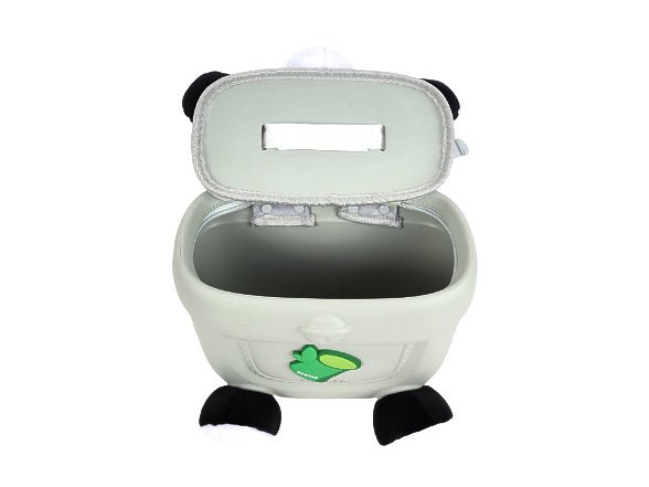 Kids panda backpack open top with plush frame and green logo front patch