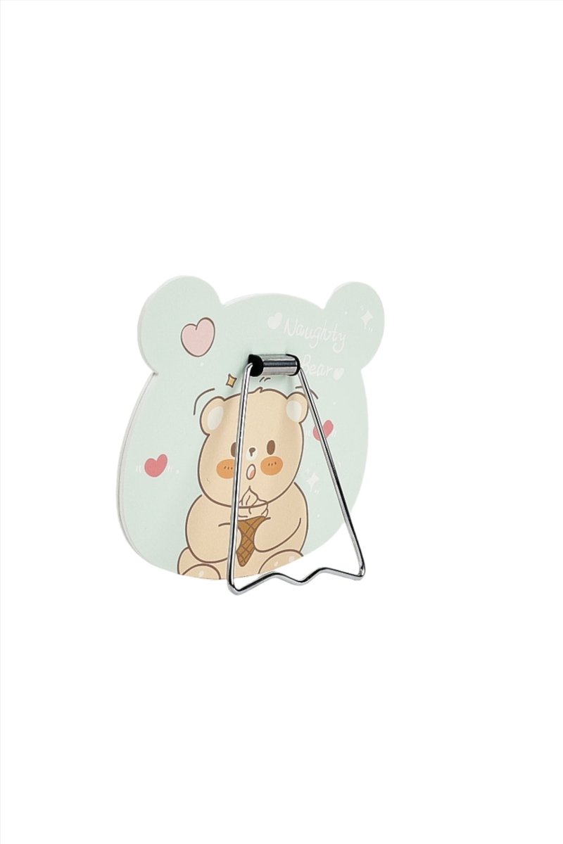Panda bear handheld mirror with bear illustration, hearts, and silver stand