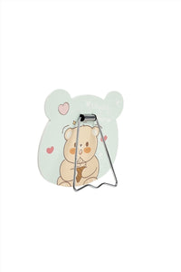 Panda bear handheld mirror with bear illustration, hearts, and silver stand