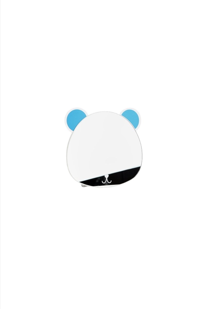 Panda bear handheld mirror with blue ears and black base edge