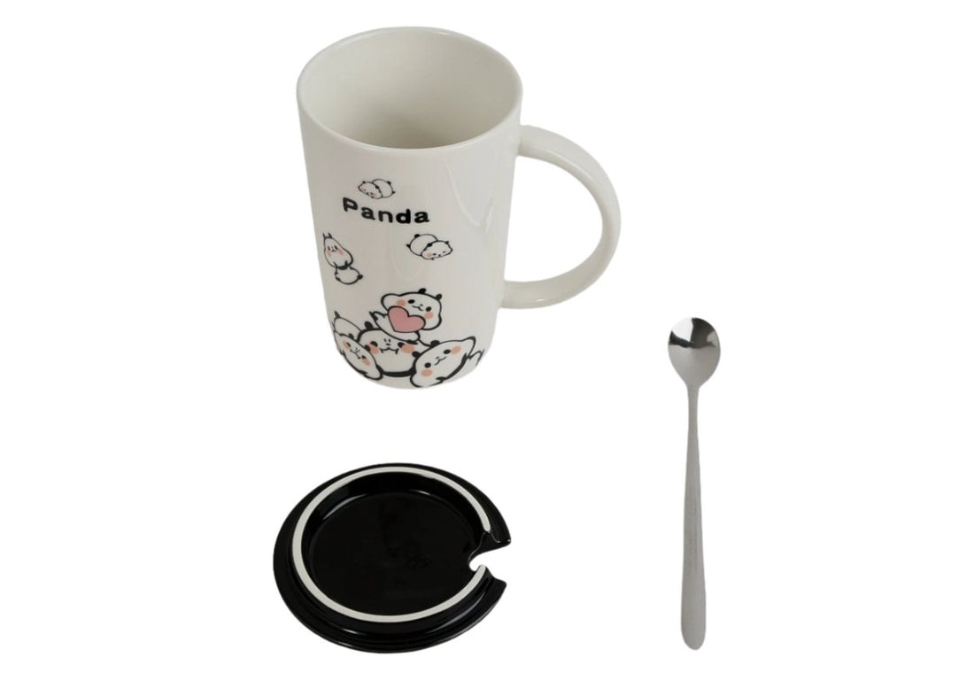 Ceramic panda mug with black lid and spoon, white with panda face and paw prints