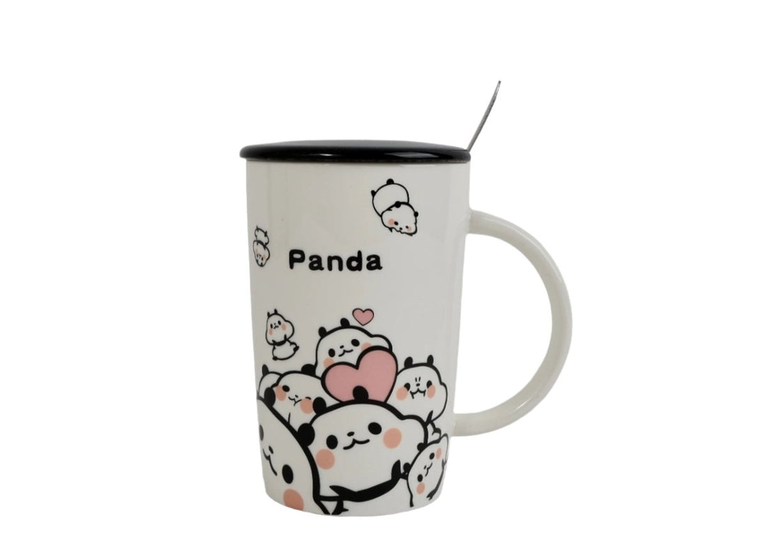 Ceramic panda mug with lid and spoon, white with black rim and panda artwork
