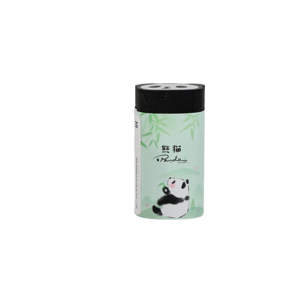 Panda-style molding eraser with panda illustration on mint-green container and black lid