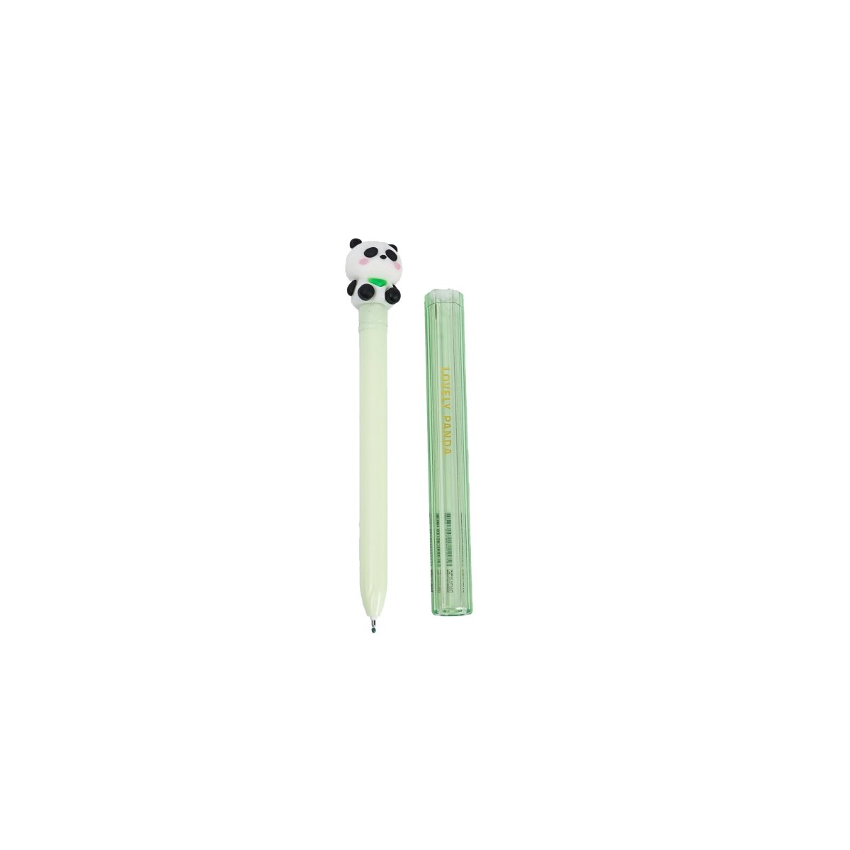 Two light green panda pens with clear barrels and white panda head caps.