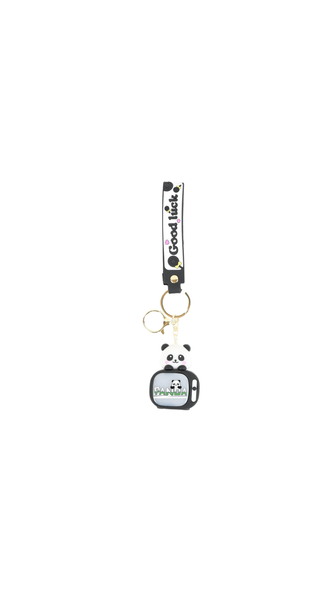 Panda backpack keychain with gold ring and vertical black strap reading 'Good luck'.