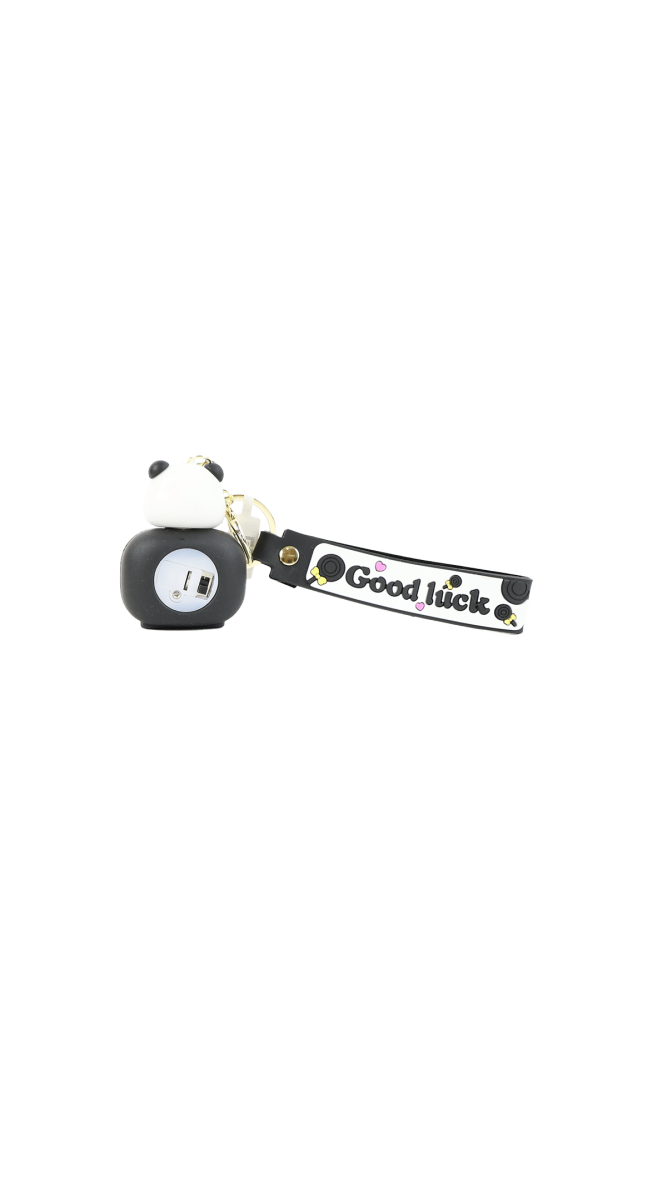 Panda keychain with panda head charm, gold ring, black strap reading 'Good luck'.