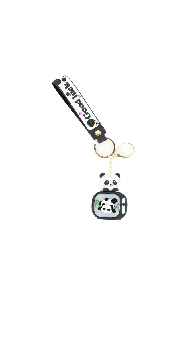 Panda keychain with backpack charm, gold ring, black vertical strap reading 'Good luck'.