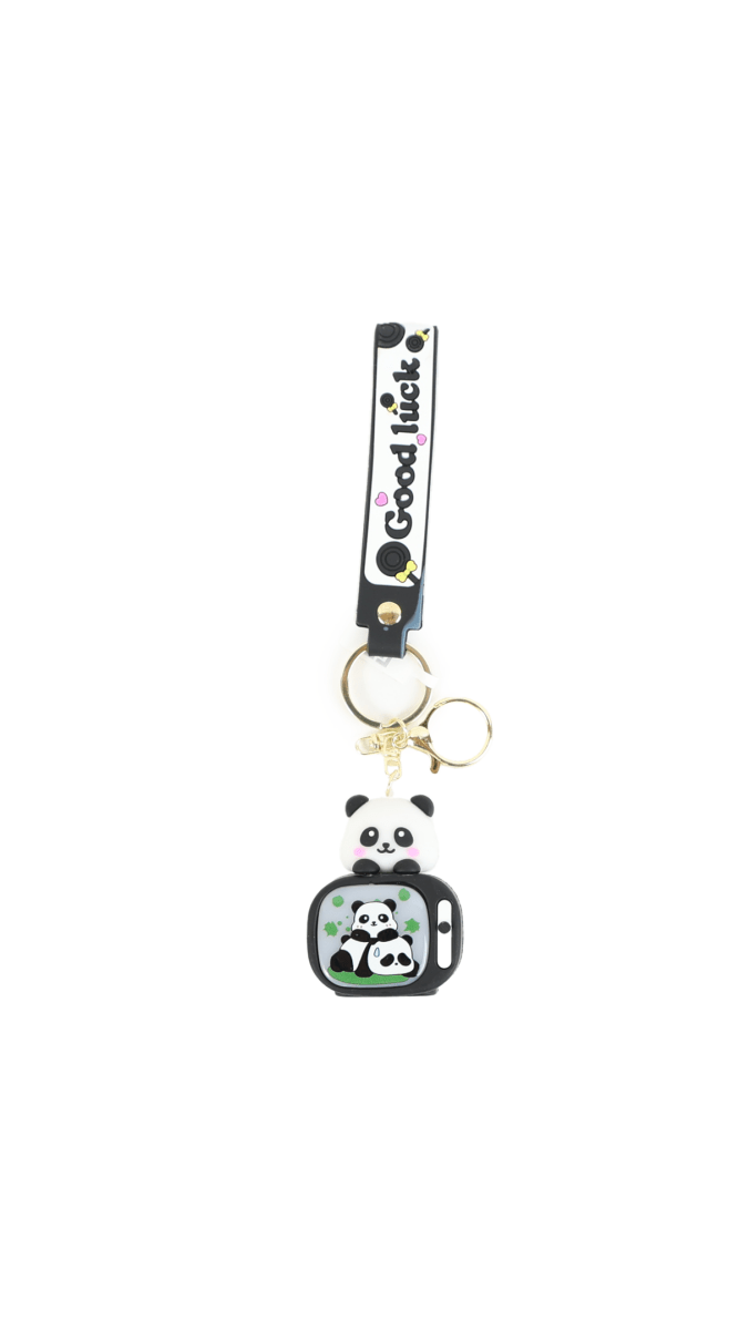 Panda keychain with backpack charm, gold ring, black strap reading 'Good luck'.