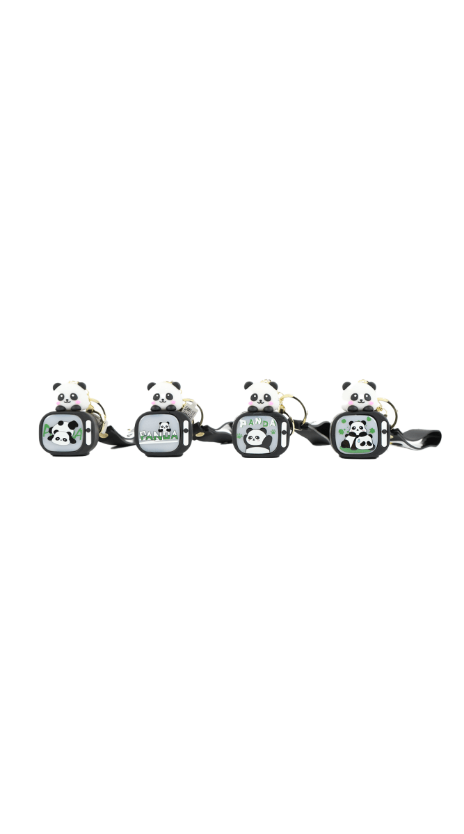 Panda keychain set with four mini backpack charms, gold rings, black 'Good luck' straps.