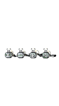 Panda keychain set with four mini backpack charms, gold rings, black 'Good luck' straps.