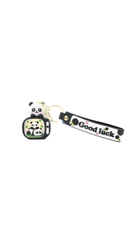 Panda keychain with backpack charm, gold ring, black strap with 'Good luck' print.