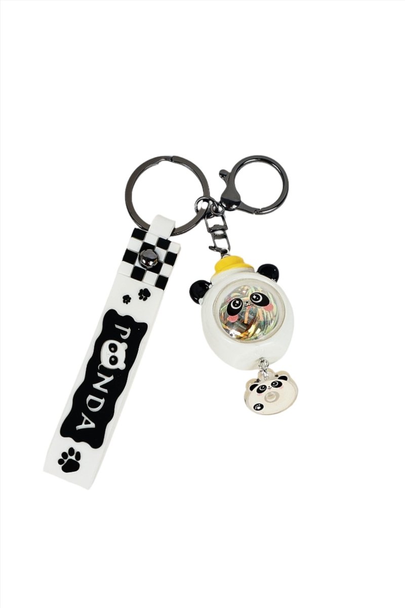 Panda keychain with black checkered ribbon, 'PANDA' text, round face charm and paw dangle
