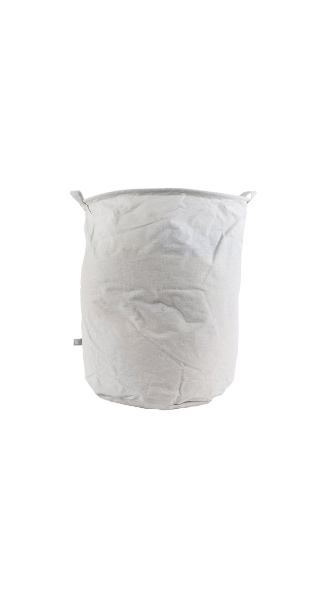 White fabric laundry basket with foldable rim and side handles
