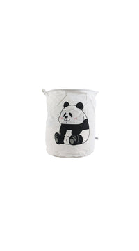 White fabric laundry basket with centered panda face graphic and side handles