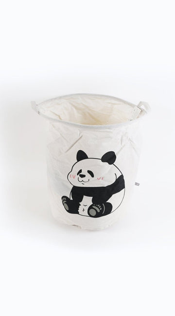 White fabric laundry basket with cute panda print and two side handles
