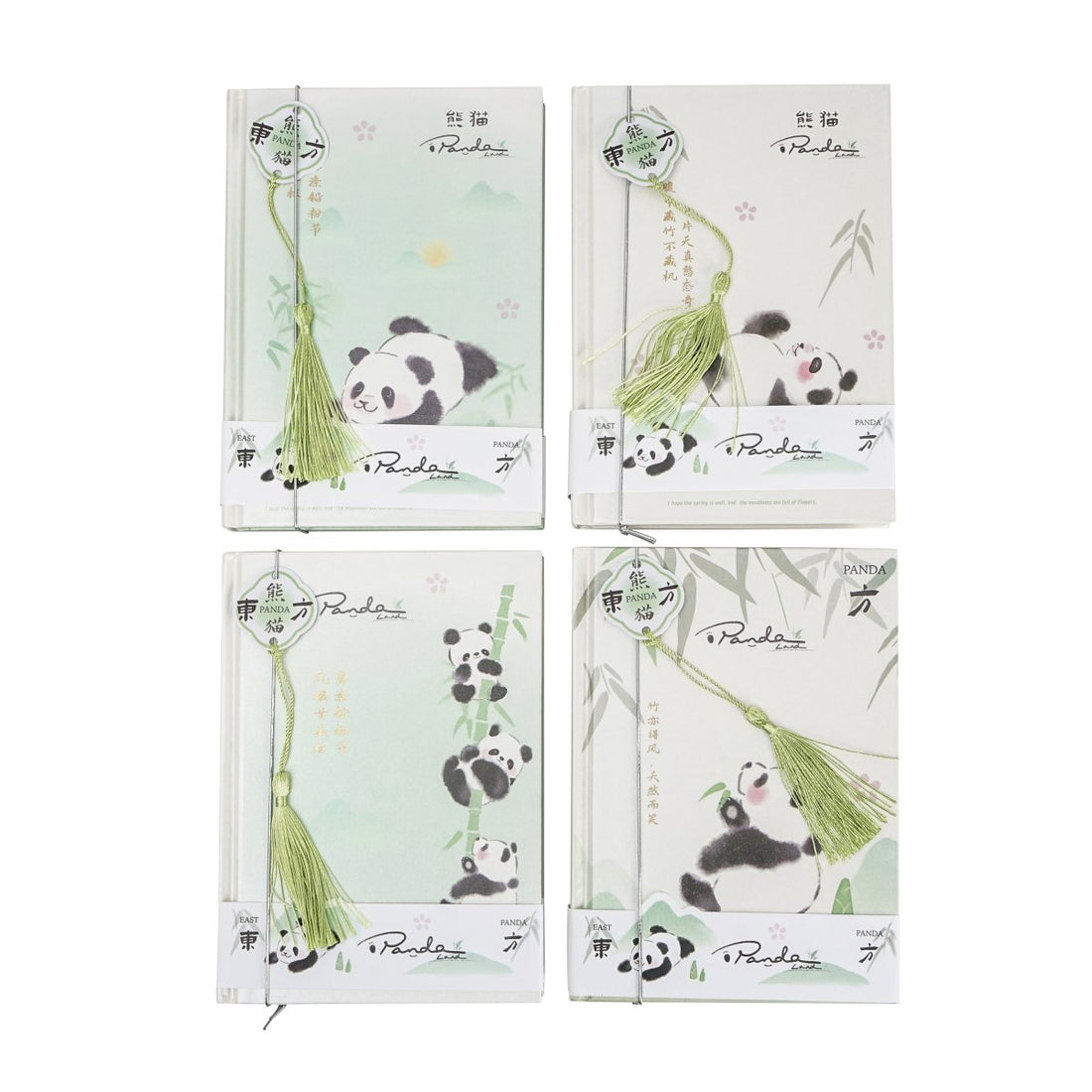 Set of four small panda design notebooks with different panda covers and green tassel bookmarks