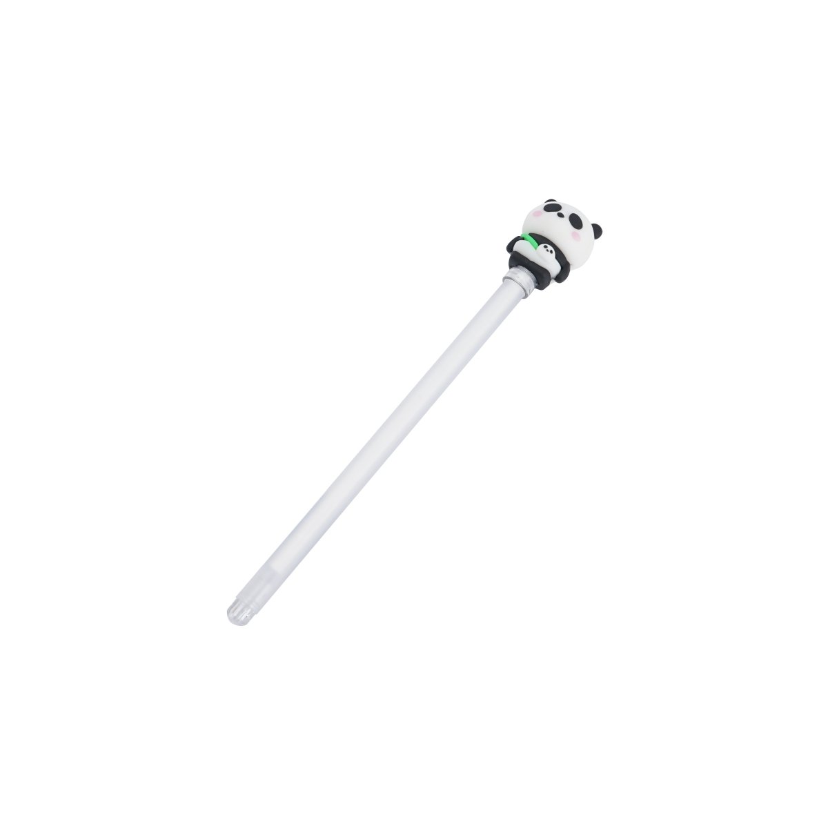 Panda character pen with white barrel and panda head with stacked black rings detail