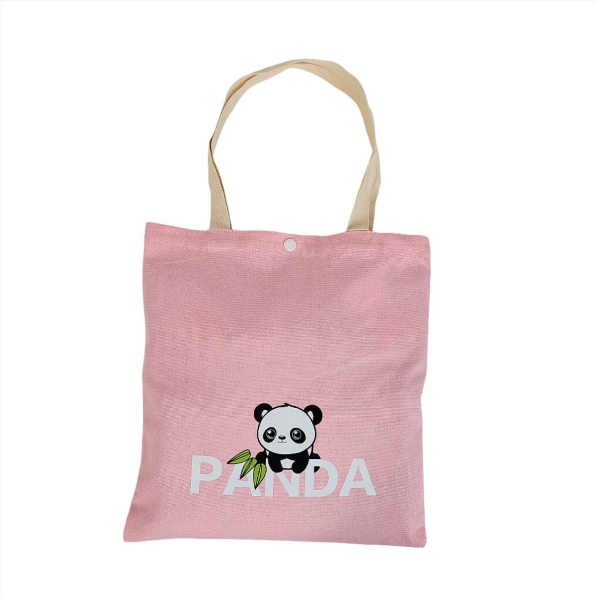 Pink canvas tote bag with panda graphic and short handles, buttoned top
