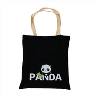 Black canvas tote bag with panda graphic, short beige handles and buttoned top