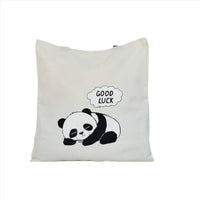 Light beige panda tote bag with cute panda face and 'Good Luck' graphic