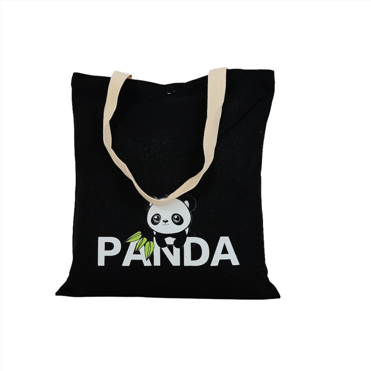 Black canvas tote bag with panda graphic, beige shoulder straps and buttoned top