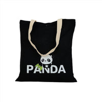 Black canvas tote bag with panda graphic, beige shoulder straps and buttoned top