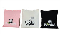Set of three canvas tote bags in pink, white, and black, each with panda graphic