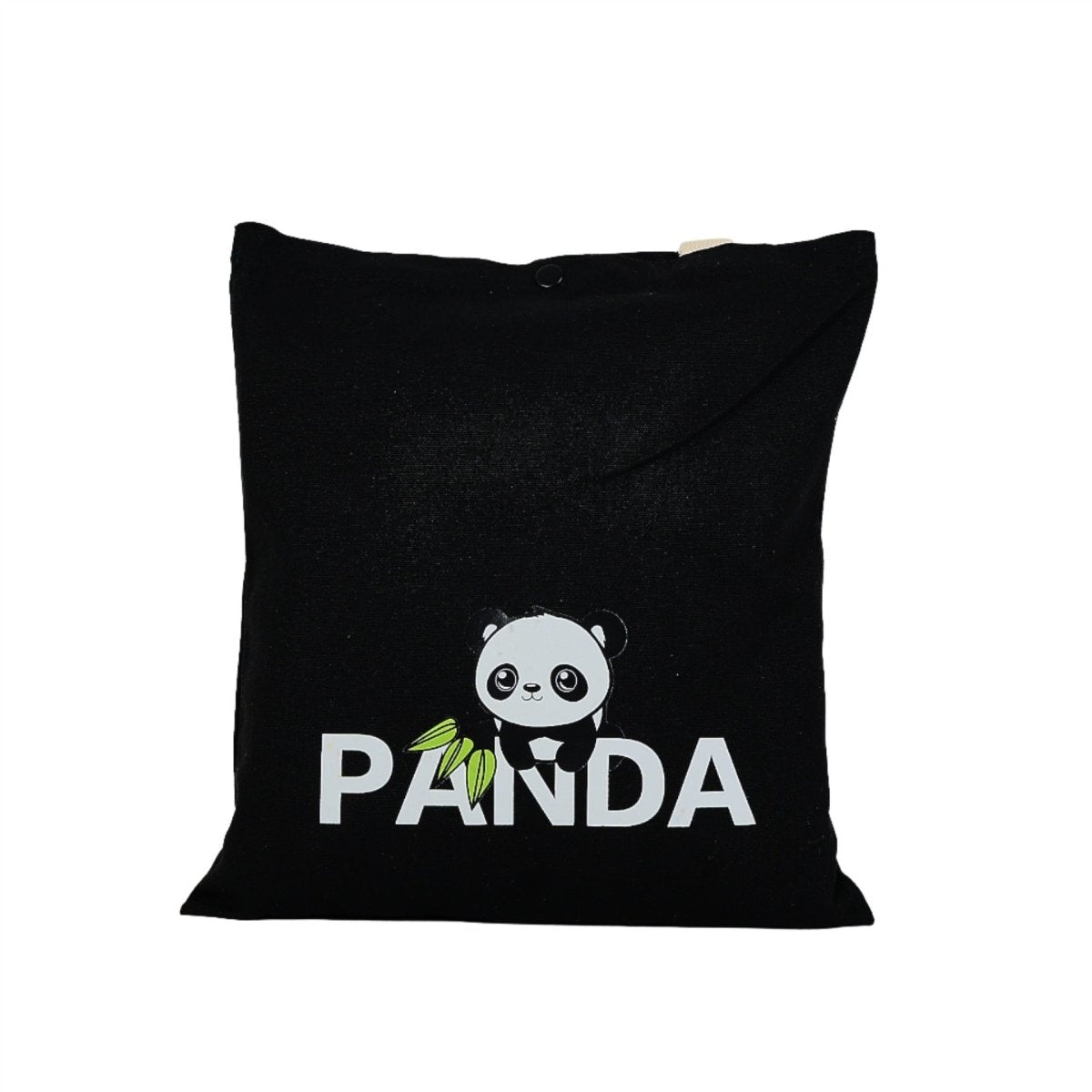 Black canvas tote bag with centered panda face and PANDA lettering, buttoned top