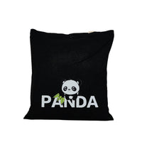 Black canvas tote bag with centered panda face and PANDA lettering, buttoned top