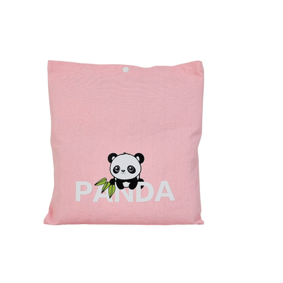 Pink canvas tote bag with panda face and PANDA lettering, buttoned top