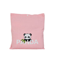 Pink canvas tote bag with panda face and PANDA lettering, buttoned top