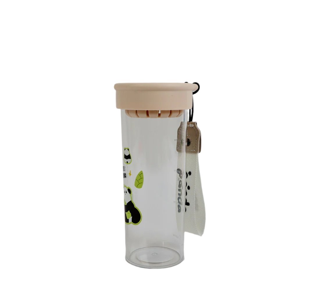 Clear plastic panda water bottle with beige lid and side graphic with wrist strap
