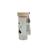 Clear plastic panda water bottle with beige lid and side graphic with wrist strap