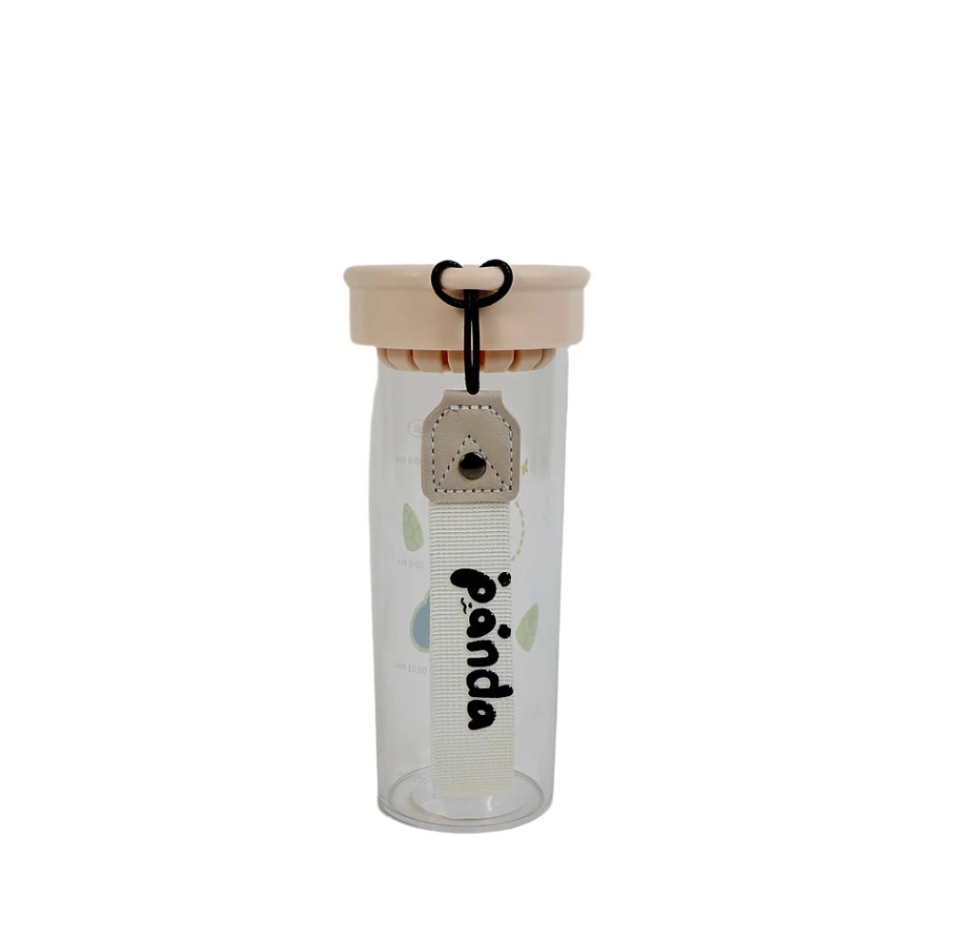 Clear plastic panda water bottle with beige lid and hanging beige keychain tag