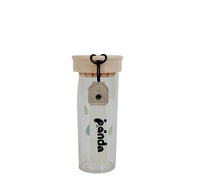Clear plastic panda water bottle with beige lid and hanging beige keychain tag