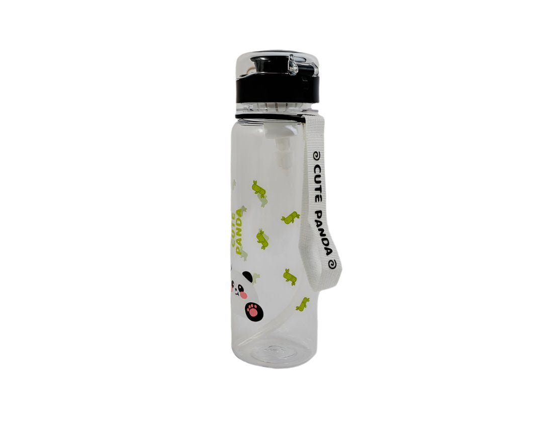 Kids plastic water bottle with panda print, black screw cap, 610ml