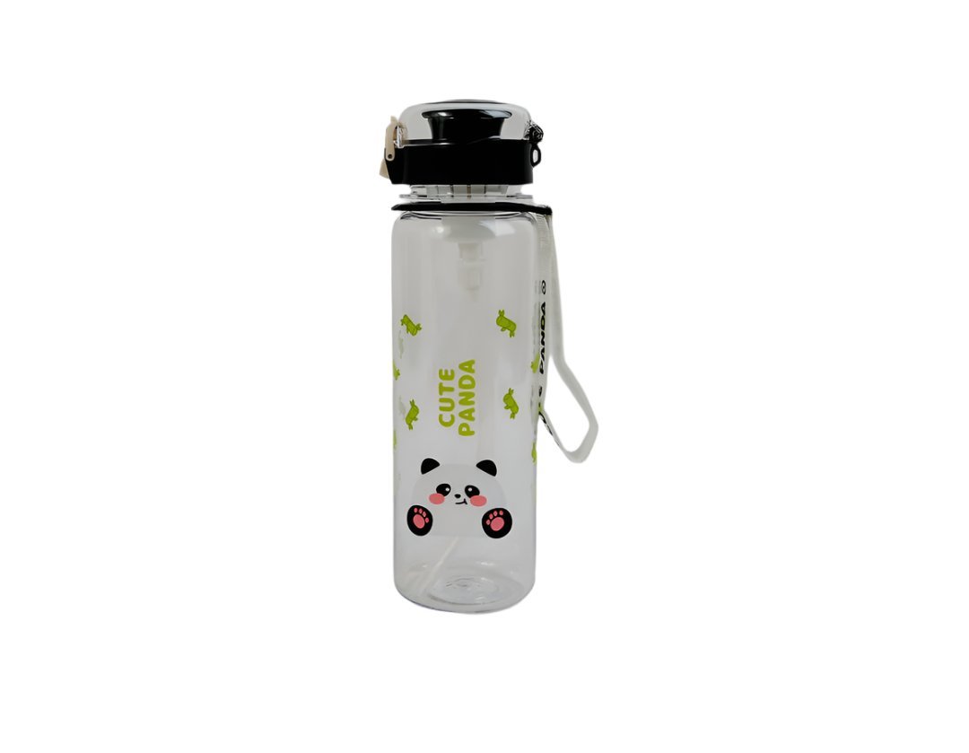 Kids plastic water bottle with cute panda graphics, black cap and carry loop