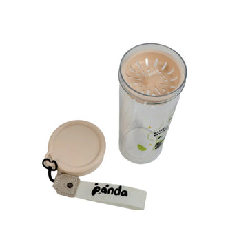 Clear plastic panda water bottle with beige flip cap and fabric wrist strap
